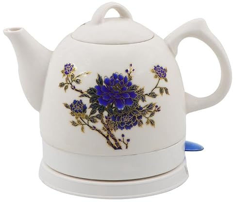 Yiustldd Bouilloire électrique en céramique, pichet rétro de 1 L pour thé, café, Soupe, Flocons d'avoine, Base Amovible, Protection Contre l'ébullition à Sec, Motif Floral Rose