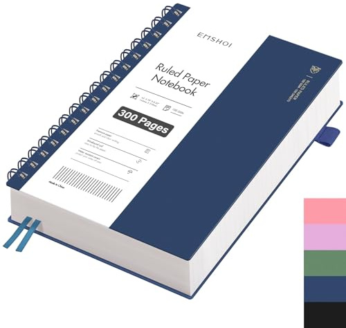 EMSHOI Notizbuch A5 Liniert, 100g/m² Papier, 300 Seiten - Blau | Collegeblock mit PVC Cover, 180° flach, Innentasche, Stiftschlaufe, Lesezeichenband, für Büro & Schule, 14.5 x 21cm