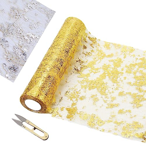 XIAQICA Runner Oro da Tavolo 10M x 29CM Runner da Tavolo Dorato Metallizzato con 1 Forbici a Forma di U DIY Runner da Tavola in Oro Rotolo Natalizio per Matrimonio Compleanno Feste Decorazioni