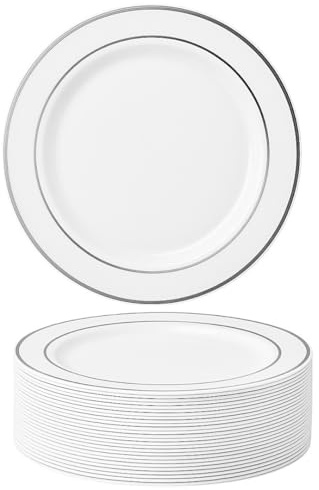 MATANA 50 Premium Weiße Plastik Dessertteller, Kleine Partyteller mit Silbernem Rand, 19cm - Elegant, Stabil & Mehrweg - Hochzeiten, Geburtstage, Taufen, Weihnachten, Grillpartys, Partys