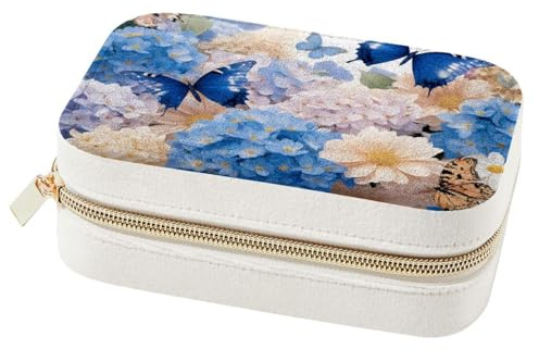 Sac de rangement de bijoux de voyage, boîte de rangement pour boucles d'oreilles, bagues, colliers, hortensias et marguerites, fleurs et papillons