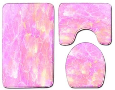 Bad Teppiche Set Gelber Rosa Marmor Badezimmerteppich Waschbar WC Vorleger mit Ausschnitt und WC Deckelbezug 3 Teilig Badematte rutschfest Toilettensitzbezug Badgarnitur 45x75 cm