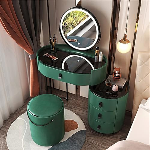 Moderner Make-up-Schreibtisch mit LED-beleuchtetem Spiegel, Glasplatte, Tisch-Set mit Schubladen, Beistellschrank und Stuhl, 3 Beleuchtungsfarben, Schminktisch mit Lichtern für Sie (grün, 60 cm)