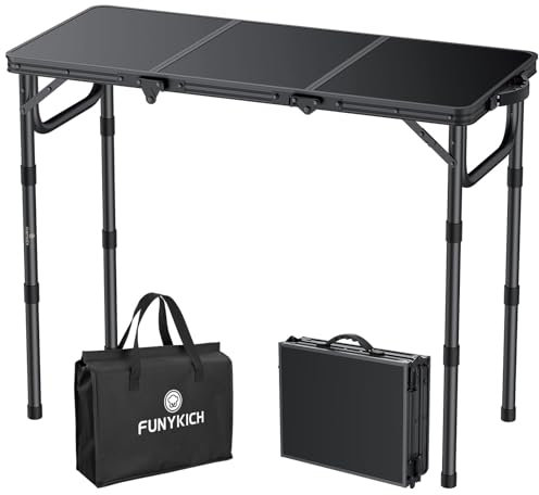 FUNYKICH Tavolo da Campeggio Pieghevole 87x40 cm,Tavolo da Picnic in Alluminio con 3 Altezze Regolabili (26/48/70 cm) e Maniglia di Trasporto, Piano in MDF,per Barbecue, Pesca e Campeggio,Nero