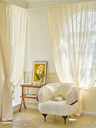 Wycian Kurzgardine Querbehang Kurzgardine 2er Set Creme Beige Voile Hohle Spitze H115 x B96 cm (2er Pack) Polyester