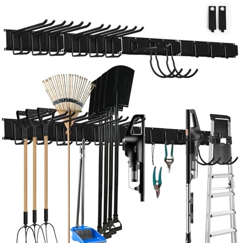 SDLDEER Garden Tool Rack, 64 inch Wall Mount Tool Organizer Garden Tool Storage with 12 Hooks with 2 Straps, for Holds Garden Tools, Shovels, Broom, Rakes, Ropes, Hoses
