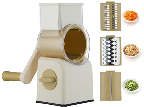 Zangmoz rotary cheese grater slicer with handle and suction base, stainless steel mandoline slicer with large barrel, vegetable potato slicer, nut grinder, carrot shredder, chopper, cutter (Yellow)