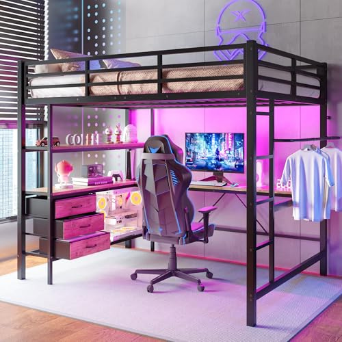 Hochbett Jugendbett 140x200, Kinderbett Etagenbett mit LED-Licht&USB Ladestation&Schreibtisch&3 Schubladen&Regale, Metallbett Doppelbett Bettgestell mit Rausfallschutz&Leiter, Ohne Matratze, Schwarz