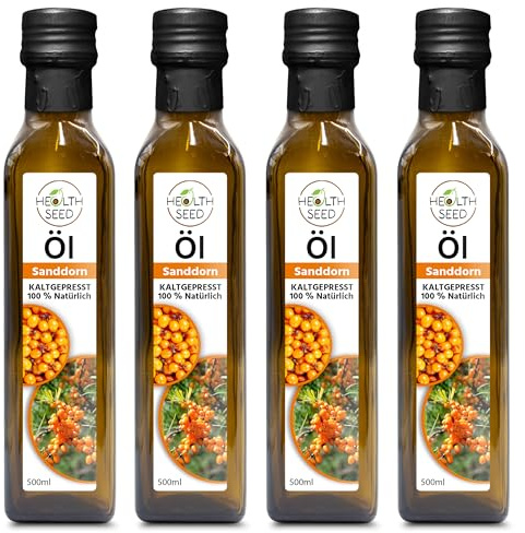 Health Seed® 4 x 500 ml / 2 litros – Aceite de espino amarillo sin filtrar – Botella de cristal 100% puro prensado en frío – Fresco del fabricante