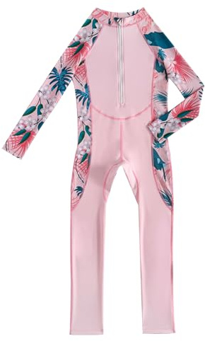 IMEKIS Costume da bagno intero per bambine a maniche lunghe con stampa floreale con cerniera UPF 50+ Rash Guard modesto costume da bagno completo per sport acquatici, rosa, 3-4 Anni