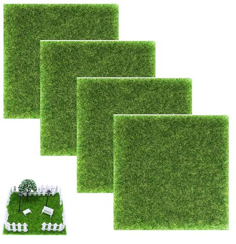 hioseyre 4 Pcs Artificial Grass Mat,15x15 Cm Artificial Turf,Miniature Model Grass for Craft Making,Doll House,Toy Farm,Artificial Garden Carpet Decoration