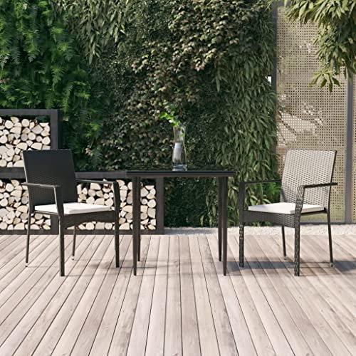 3-TLG. Garten-Essgruppe mit Kissen Schwarz Poly Rattan Gartenmöbel, Gartenmöbel-Sets