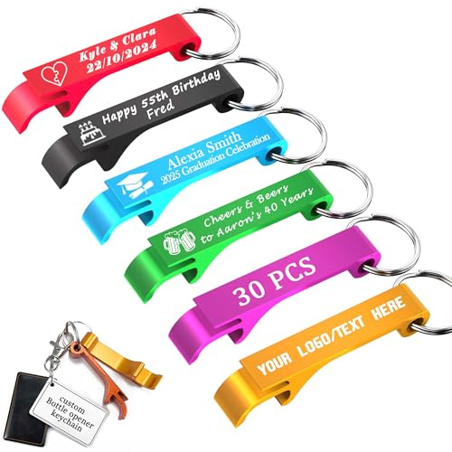 30 llaveros personalizados con abrebotellas – Texto personalizado, logotipo o foto | Abridores de cerveza de aluminio a granel para bodas, cumpleaños, bares, Día de los Caídos, graduación, aniversario