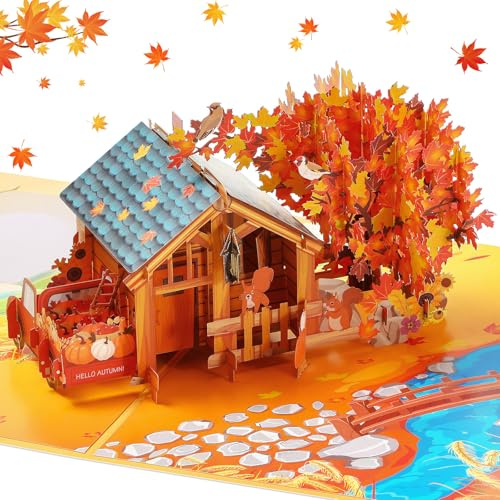 Tenare Thanksgiving 3D Pop-Up Karte Herbstgrüße Klappkarte Herbst Geschenk Danke Handgefertigte Erntedankkarten Blumen Glückwunschkarte Ahornbaum, Kürbis und Eichhörnchen mit Umschlag