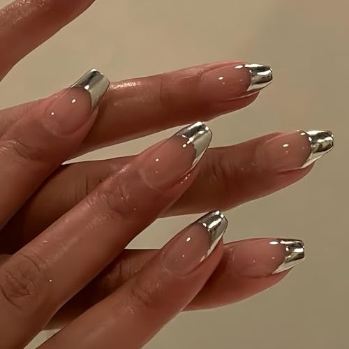 KQueenest French Tip Press On Nails Extra Long Square - Chrome Sliver Press On Nails, Glitter Fake Nails Press ons Coffin, Natural Nude, Reusable Soft Gel Glue on Nails for Women, 30 Pcs