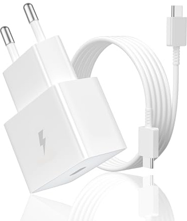 Chargeur Secteur Rapide 25W et Câble USB C a C 1M pour Samsung S26/A16/A17 | 25W USB C Charge Rapide pour Galaxy S25/S24/S23/S22/S21/A56/A36/A33/A06/A05s/A26/A27/A15/A35/Z Flip7/Tab A11+/S10 Lite blanc