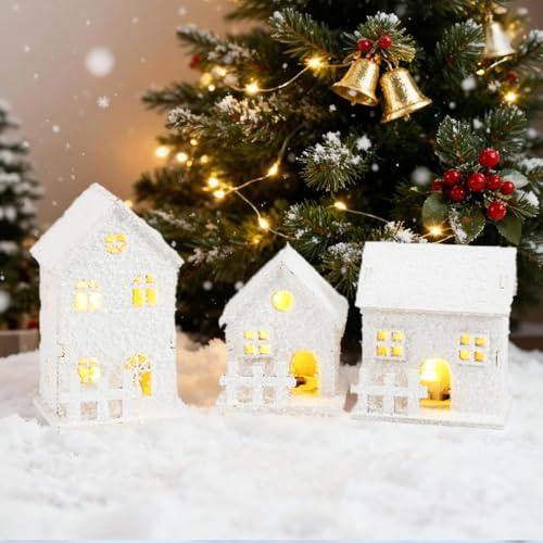 WRQIOO 3 Stück Weihnachtsdorf mit Beleuchtung, Weihnachtshäuser Holz Weiß, LED Lichthäuser Weihnachtsdeko Innen, Weihnachtshaus Deko, Weihnachtsbaum, Nachtlicht, Desktop-Dekoration