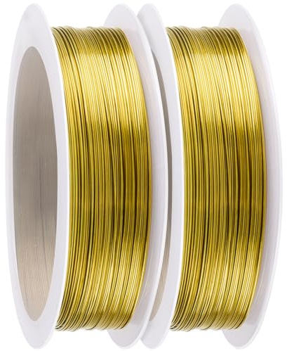 Caianwin Alambre fino de 0,3 mm x 100 m, alambre dorado para joyas, alambre para flores, 2 rollos de alambre para manualidades para fabricación de joyas, ganchillo, manualidades, ramos de flores, atar