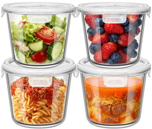 710ML Round Glass Soup Storage Containers With Lids, Food Containers Set | Round Food Bowls for Soup, Lunch, Salad, Leftovers, Microwave, Freezer, Dishwasher Safe For Home& Kitchen- 4PCS