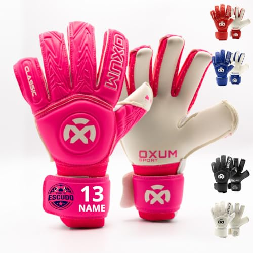 OXUM Gants de Gardien Classic Personnalisés pour Enfants – Ajoutez Nom, Numéro et Drapeau ou Écusson – Gants de Football Enfant avec Grande Adhérence et Ajustement Confortable (Rose 5)