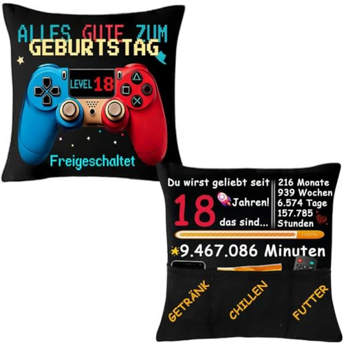 Charfia Geschenk 18. Geburtstag Junge, Kissenbezug Geschenke für 18 Jährige Jungen Geschenk zum 18 Geburtstag Junge, Zocker Geschenk Gaming Zimmer Gamer Deko Gamer Geschenk