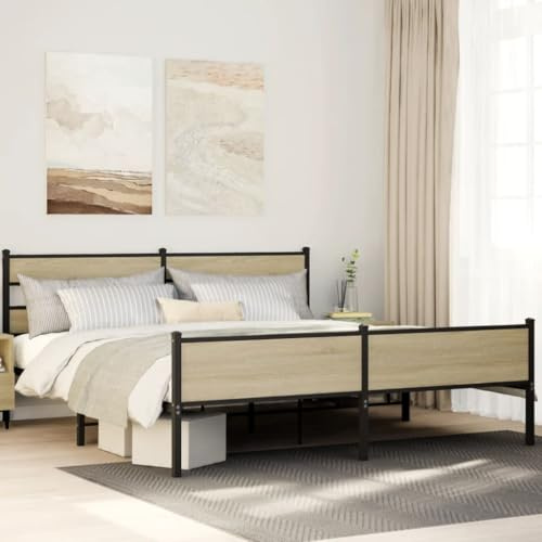 QJBSAVVA Stahl Doppelbett Metallbett Sonoma-Eiche 207x198x91,5 cm großer Stauraum Lattenrost inklusive ohne Matratze modernes Design für Schlafzimmer Gästezimmer