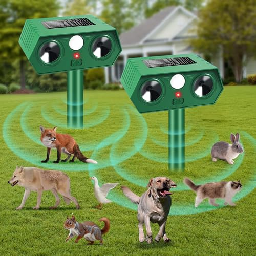 2 repelentes ultrasónicos de gatos para jardines del Reino Unido, repelente de animales alimentado por energía solar, repelente de plagas impermeable IP55 con 2 modos de sensor de movimiento y luz