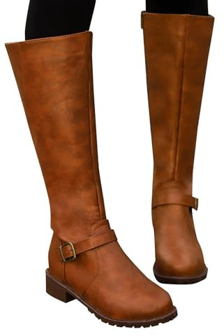 Genérico Botas Altas Mujer de Piel - Botines Mujer Invierno con Caña Ancha Botas Planas con Suela Plana Baja con Cremallera
