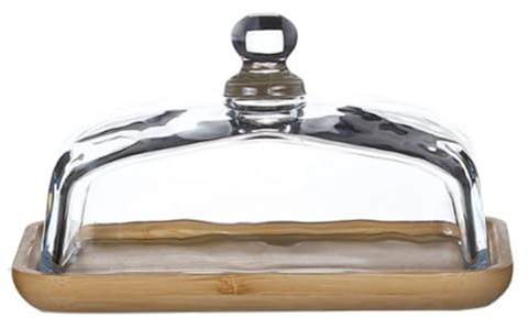 Beurrier en bambou avec couvercle en verre – Beurrier transparent pour réfrigérateur et comptoir pour beurre, fromage à la crème et servir.