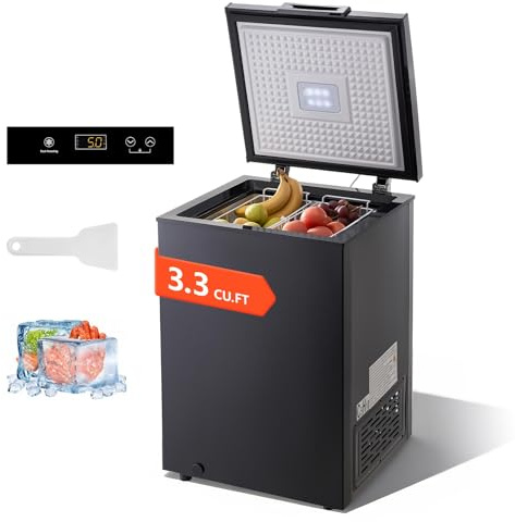 VEVOR Chest Freezer, 3.3 Cu.ft Compact Deep Freezer, Free Standing Top Open Door Chest Freezers with 2 Removable Baskets & Adjustable Thermostat - Energy Saving, Low Noise & Garage Ready, Black