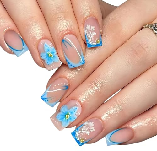 Rainway 24 Stück Press On Nägel, Kurz Quadratisch Blaue Blumen French Nägel mit Gold Strass Blumen Design, Nägel zum Aufkleben, Künstliche Nägel Wiederverwendbare Falsche Nägel für Frauen