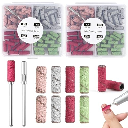 120 stycken små slipband för nagelborr (80/120/180/240 korn), minisliplock med 2 × 3 mm borr, nagelfräsar tillbehör för manikyr, pedikyr och nagelbandsborttagning
