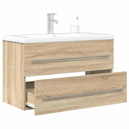 HengCaDa Sonoma Oak 2-Piece Bathroom Furniture Set with Washbasin and Sink, Wood Composite Bathroom Furniture Set with Storage Space, Wall Mounted for Guest Toilet and Bathroom, Space-Saving and
