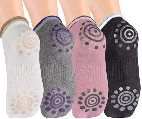 Body & Mind® Damen Socken Yogasocken rutschfeste Stoppersocken; Pilates, Aerobic & Fitness-Training Strümpfe mit Stopper; Damensocken für Sport (4 Paare; Größe 35-40)