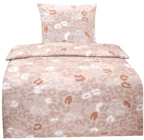 Hochwertige Biber Bettwäsche Baumwolle Leopard Beige 135x200 80x80 Set 2tlg