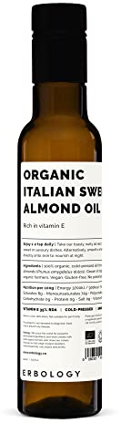 100% Organic Sweet Almond Oil 250ml - Cold-Pressed - Rich in Skin-Nourishing Vitamin E - Straight from Farm in Italy - Non-GMO - No Additives or Preservatives - Recyclable Glass Bottle
