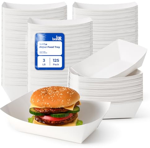 Fit Meal Prep [125 Pack 3 lb Paper Food Trays Heavy Duty Disposable Food Boats, White Nacho Tray for Parties Fairs Picnics Carnivals, Holds Sause Candies Nut Grease Resistant