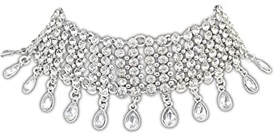 Joygulls Sexy Shining Crystal Full Rhinestone Choker Necklace Water Drop Pendant Necklace Statement Necklaces Wide Collar Necklaces for Lady Party Jewelry (Silver)