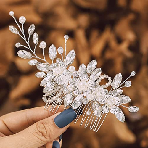 IYOU Brautschmuck Hochzeit Haarkamm Silber glitzernde Strass Seitenkamm Glänzend Kristall Blume Haarteil Braut Perle Blätter Haarschmuck für Frauen und Mädchen