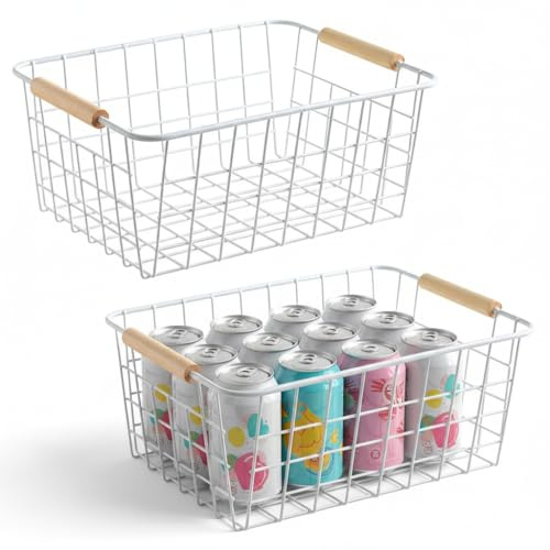 Aeggplant Kitchen Wire Baskets Farmhouse Decor Metal Food Storage Organizer,Household Refrigerator Bin with Built-in Handles for Cabinets, Pantry, Bathroom,2 Packs(white)