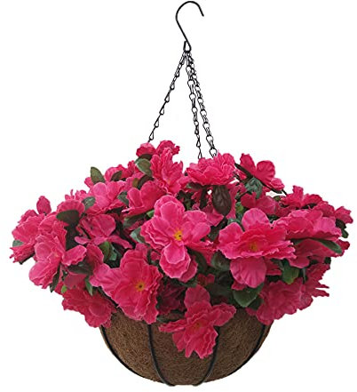 Rose Red Rhododendron DIY Künstliche Blumen Azaleen Große gefälschte Seide Blumen Niedliche Kette Hängekorb mit Blumentopf Innen und Außen Garten Balkon Home Zubehör (Großer Korb)
