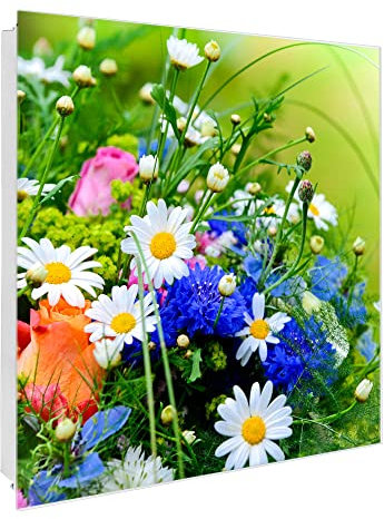 banjado Großer Schlüsselkasten Glas - Schlüsselbox 30x30cm mit 50 Haken - Schlüsselkasten modern für Schlüsselaufbewahrung mit beschreibbarer, magnetischer Glastür - Motiv Blumenstrauß
