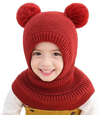 ISAKEN Kinder Mädchen Wintermütze Warm Niedlich Schlupfmütze mit Bommel Babymütze Beanie Mütze Warm Strickmütze Schalmütze Fleece Mütze Junge Mädchen Gestrickter Winterschal Schlupfmütze