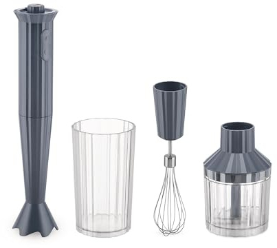 Alessi Plissé MDL10S G - Frullatore a Immersione di Design con Bicchiere Graduato, Frusta e Tritatutto, in Resina Termoplastica, Spina Europea 500W, Grigio