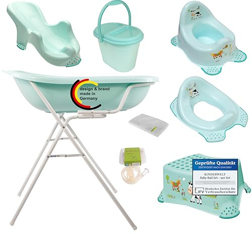 KiNDERWELT Baby Bad Set - 9er Set Funny Farm aqua für Babys - Badewanne, Badewannenständer, Badesitz, Topf, WC-Sitz, Hocker, Windeleimer, Ablaufschlauch, Waschhandschuh