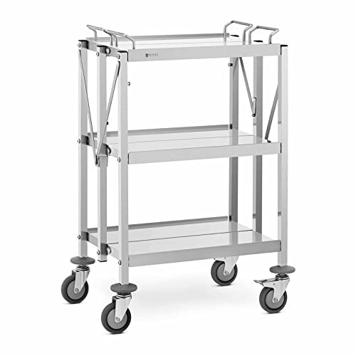 Royal Catering Chariot de Service INOX - 3 Tablettes 40 x 58 cm, Capacité 90 kg - Pliable - pour Restaurant