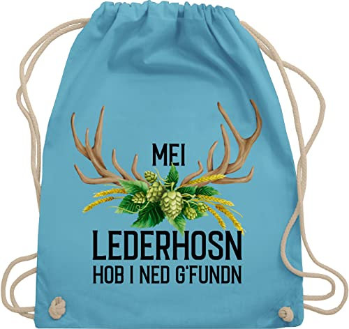 Shirtracer Turnbeutel Rucksack - Kompatibel mit Oktoberfest Tasche - Mei Lederhosn hob i ned g'fundn - Hirschgeweih Weizen und Hopfen - Unisize - Hellblau - trachtenrucksack bayrische trainingsbeutel
