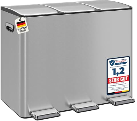 WELLGRO Treteimer, Mülleimer, Edelstahl Tretmülleimer mit 3 x 15 Liter, klappbaren Fußpedalen, Absenkautomatik und praktischen Tragegriffen, Farbe:Silber