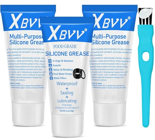 XBVV Silicone Grease for O-Rings & Rubber Seals, Plumbing Tap Valve Lubricant, Waterproof O Ring Lubricating Grease for Rubber Washer, 1oz Tube with Applicator Brush, 3 Pack