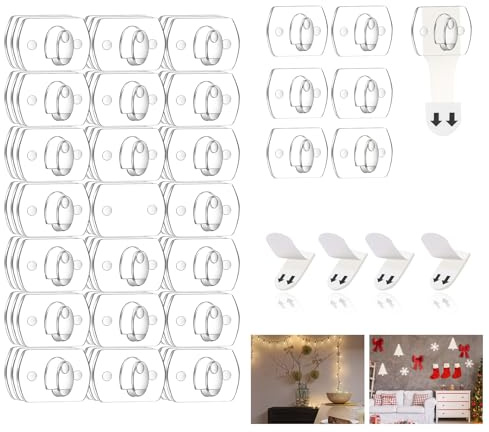 Ainiv 3-pack 60 krokar inomhus mini ljusklämmor med självhäftande remsor, skadefria hängande julljuskrokar, genomskinliga väggklämmor för hängande lampor juldekor och kablar, 60 klämmor och 60 remsor